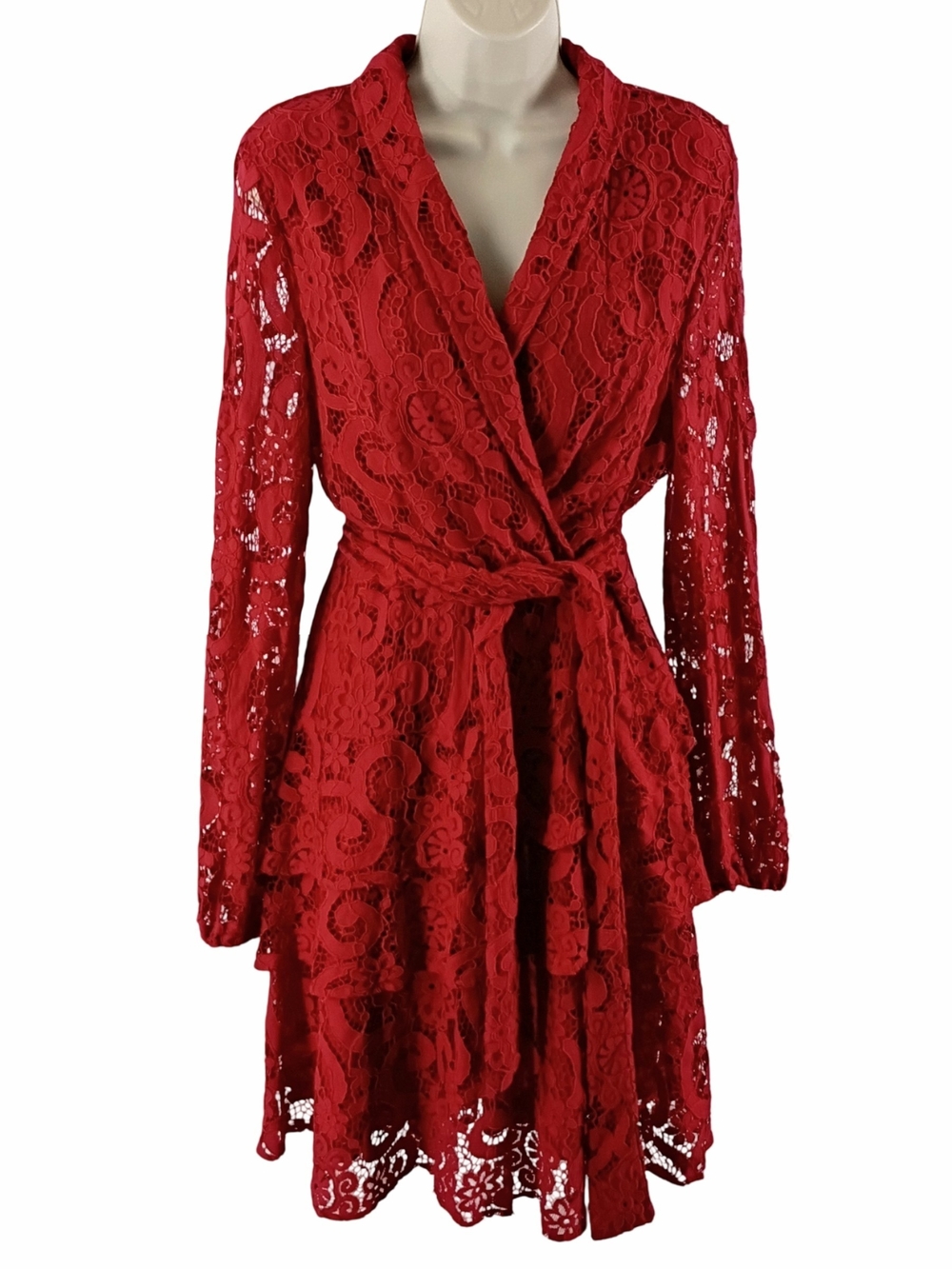 Nanette Lepore Red Floral Lace Wrap Tiered Ruffled Dress